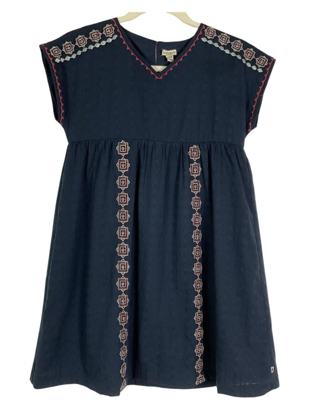 Lucky Brand Iris Sophia Embroidered Babydoll Dress NWT Navy Large Boho